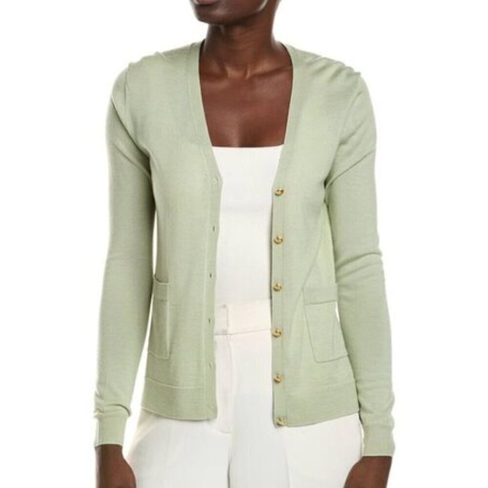 St. John Wool Silk Blend Button Front Pistachio Green Luxurious Cardigan Sweater